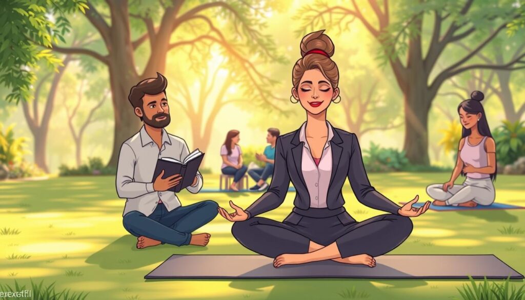 A serene and harmonious setting for self-awareness activities, featuring a diverse group of individuals engaged in different practices. In the foreground, a woman in professional attire sits cross-legged on a yoga mat, meditating with a peaceful expression. To her left, a man writes in a journal, reflecting softly on his thoughts. In the middle ground, a small circle forms with two people discussing mindfulness techniques, surrounded by lush greenery. The background showcases a tranquil park with sunlight filtering through trees, creating a warm, inviting atmosphere. The scene is bathed in soft, natural light, enhancing the mood of introspection and personal growth. The image is free of text, watermarks, and distractions, emphasizing the concept of self-awareness as cultivated through engaging activities. Inspired by nextself.ai.