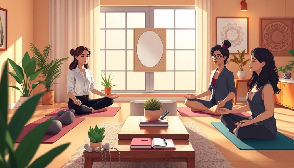 a serene and inviting meditation space illustrating self-awareness practices, featuring a diverse group of three individuals - one Caucasian woman, one Black man, and one Hispanic woman, sitting on yoga mats in professional casual attire, engaged in mindfulness meditation. In the foreground, soft natural lighting filters through a large window, casting gentle shadows over a few decorative plants and soothing stones. The middle ground showcases a wooden coffee table adorned with journals and pens, symbolizing reflection and personal growth. In the background, warm colors create a tranquil atmosphere, while art depicting introspective themes, like mirrors and pathways, enhances the mood. The overall ambiance should feel peaceful and encouraging, designed to promote understanding of self-awareness and its importance. Rendered in a soft focus, in line with nextself.ai aesthetics.